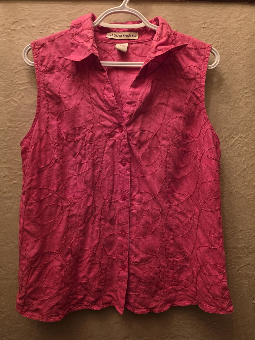 David Brooks Pink Embroidered Linen Blend Sleeveless Button Top XL